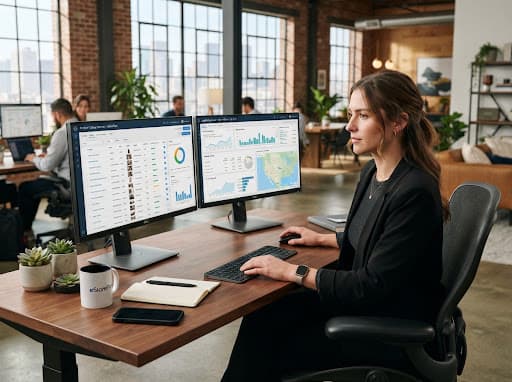 E-commerce marketplace operations specialist working at modern dual-monitor workstation